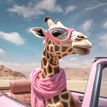Female giraffe with a pink scarf and sunglasses driving a retro auto. Sunny day. 