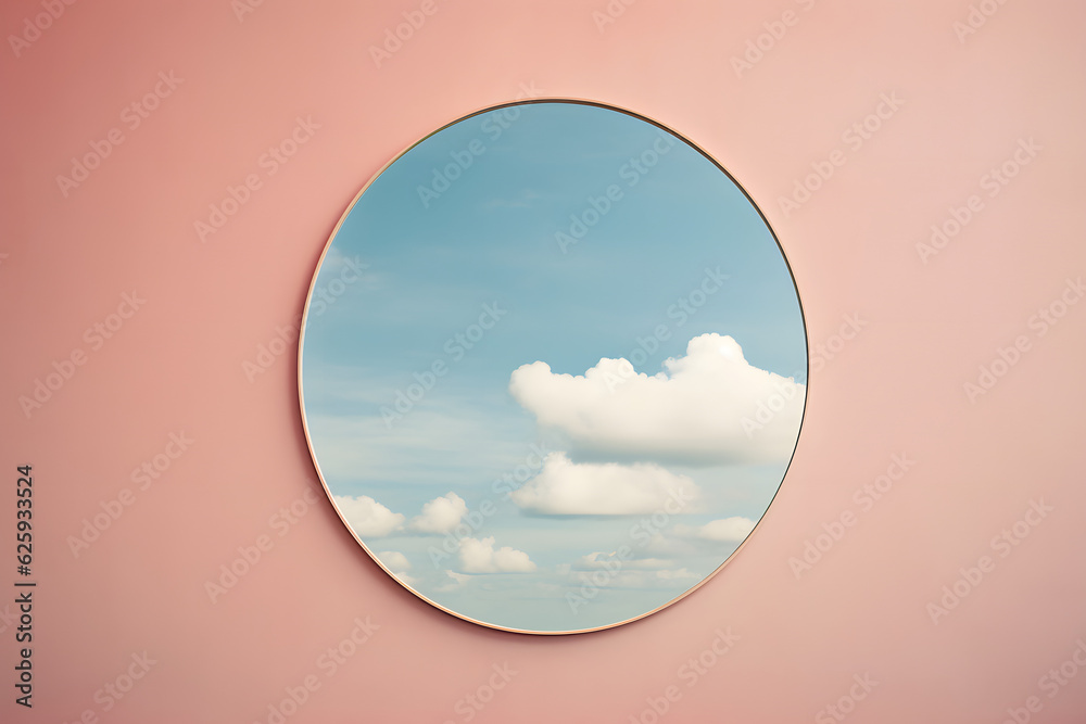 Wall mural A round mirror with a blue sky on the pink background. Minimalistic pastel concept. 