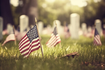 Military headstones honoring armed forces servicemen decorated with American flags for Memorial Day Generative AI