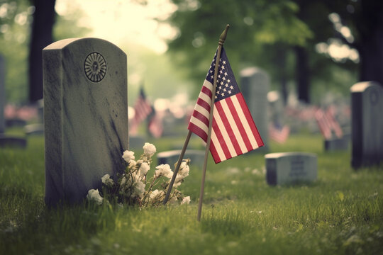 Military headstones honoring armed forces servicemen decorated with American flags for Memorial Day Generative AI