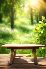 Naklejka premium Beautiful spring background with green lush young foliage and an empty wooden table outdoors. Natural template with bokeh beauty and sunshine, Generative AI