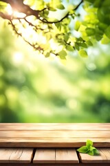 Naklejka na ściany i meble Beautiful spring background with green lush young foliage and an empty wooden table outdoors. Natural template with bokeh beauty and sunshine, Generative AI