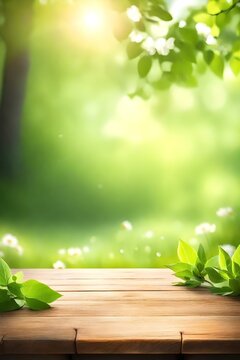 Fototapeta Beautiful spring background with green lush young foliage and an empty wooden table outdoors. Natural template with bokeh beauty and sunshine, Generative AI