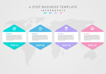 infographic template simple business hexagon pastel multi colored icons top The numbers below the middle have a white square and the letters below have a map. gray gradient background