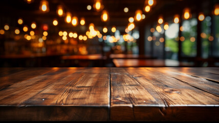 The empty wooden table top with blur background of restaurant at night. Exuberant image. Generative AI - obrazy, fototapety, plakaty