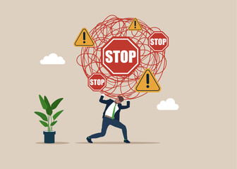 Businessman carrying huge with cloud of stop sign and exclamation sign above his head. Support relief anxiety or depression. Vector illustration