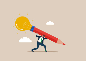 Businessman carrying huge with Yellow shining light bulb combined with red graphite pencil. Idea, creativity, inspiration.  Vector illustration
