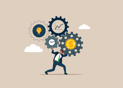 Businessman carrying huge with dollar money from cog gear production. Optimize cost and expense for better profit strategy. Vector illustration