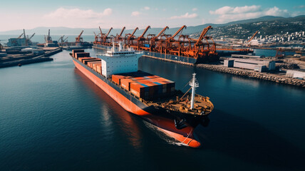 Obraz premium Industrial port in the field of import-export global business logistics and transportation, Loading and unloading container ships, cargo transportation from a bird's eye view. Generative AI