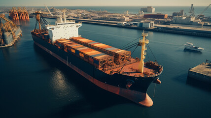 Obraz premium Industrial port in the field of import-export global business logistics and transportation, Loading and unloading container ships, cargo transportation from a bird's eye view. Generative AI