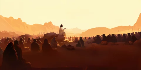 Garden poster Brown Jesus preaching to a crowd of followers in the desert