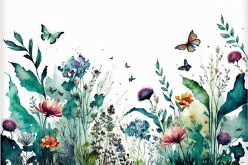 Fototapeta na wymiar Floral watercolor abstract digital painting illustration, hand drawn painting. Wildflowers in pastel colors. Botanical flowers horizontal border for greeting card, textile, invitation