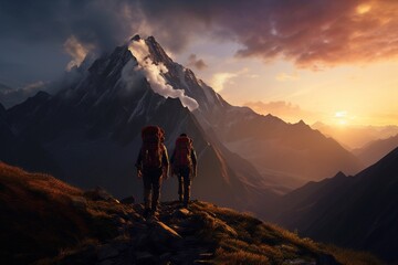 Photograph of people hiking in majestic mountains at dawn, Generative AI