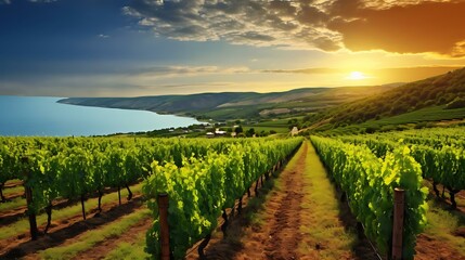 Naklejka premium rows of green vines in a field