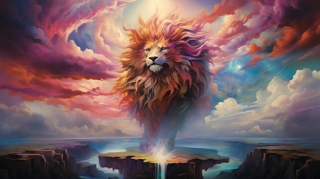 a lion with a red and blue background