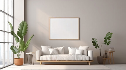 Interior of living room with white sofa and blank poster on wall. 3d render