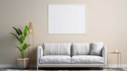 Interior of living room with white sofa and mock up poster. 3d render