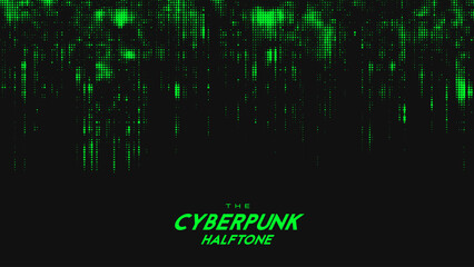 Abstract vector green cyberpunk halftone sound wave. Scratched dotted texture element.