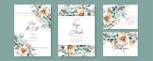 Elegant watercolor texture in flower, leaf, gold line. Spring floral design illustration for wedding and vip cover template, banner, invite. Luxury wedding invitation card background vector.