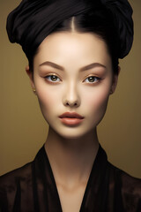 Fototapeta na wymiar Beautiful young woman with oriental make-up and headscarf. Generative AI