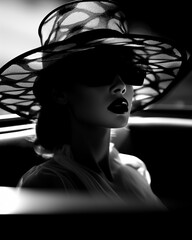 Black and white high fashion portrait of beautiful young women with sun hat and sunglasses in mixed contrast light. 