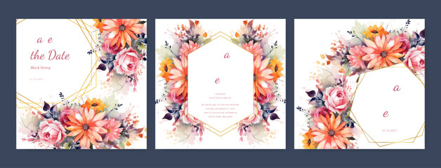 Floral wedding invitation card set template design, watercolor decorated with magnolia liliiflora flowers on white