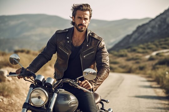 Handsome biker in leather jacket sitting on his motorcycle.
