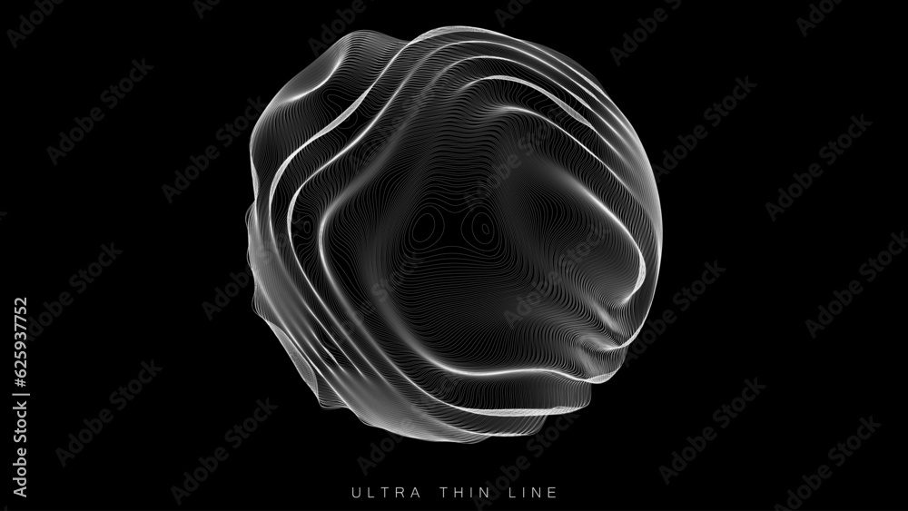 Poster ultra thin line fluid geometry. dynamic vector distorted spheres.