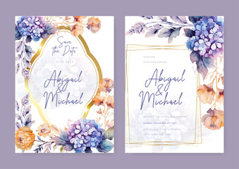watercolor wedding invitation card template with floral and leaves decoration