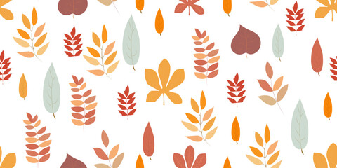 Fototapeta na wymiar Seamless vector pattern of autumn bright maple, birch and chestnut leaves. A wonderful pattern for printing on fabric and paper.
