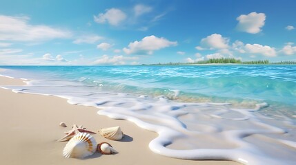 Fototapeta na wymiar a beach with a couple of shells and a blue sky
