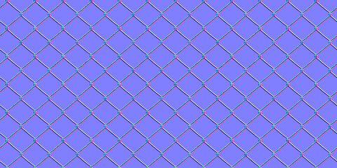 Seamless rusted chain link wire fence normal map background texture. Metal diamond mesh urban fencing repeat pattern. 8k game or architecture design height bump mapping material shader 3D rendering.