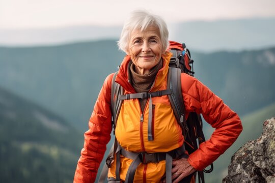 Portrait Of Senior Woman Hiker Standing On Top Of The Mountain