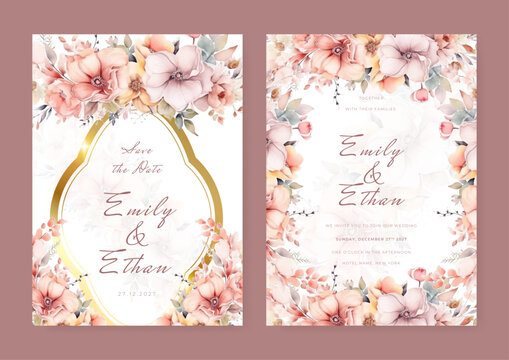 Universal hand drawn floral templates in warm colors perfect for an autumn or summer wedding and birthday invitations, menu and baby shower.