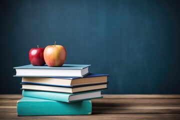 books, apple, pencils on a wooden desk on a school blackboard background, Generative AI