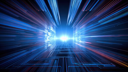Blue Cyber Light of Technology Speeding Fast Through Wormhole Circuitry