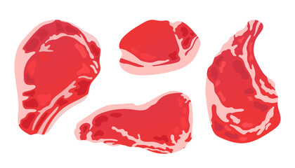 Meat set. Steak icons set in cartoon style. Meat set collection. Meal shop or beef portions vector