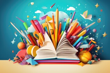 open book with colored pencils on school supplies on blue background, Generative AI