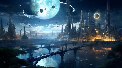a city with a body of water and a moon in the sky