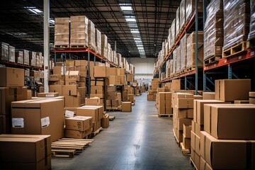 Warehouse Aisle With Racks Of Cardboard Box, Generative AI