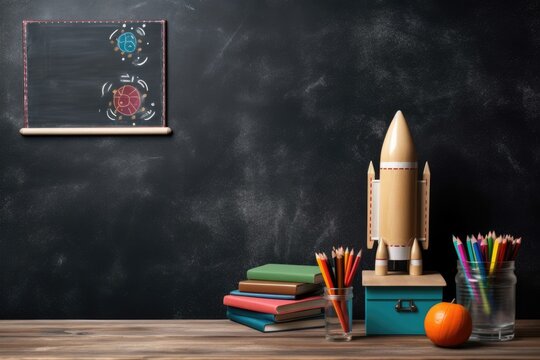 school items on a wooden table on a chalkboard background, Generative AI