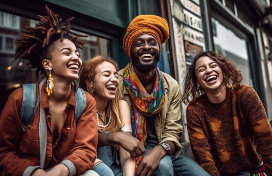 Cheerful Multiracial People Laughing Together, Happy Diverse Young Employees Students Group, Human Resource Concept