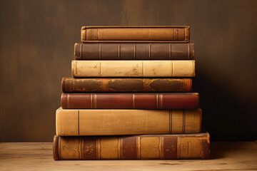 stack of old hardback books on wooden table, blurred background, Generative AI