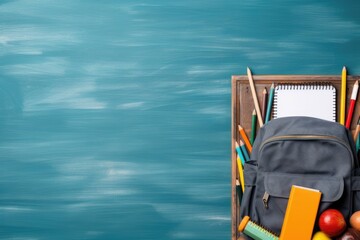 top view school supplies and backpack on chalkboard background, Generative AI
