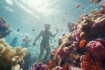 Naklejka na ściany i meble Photograph of people snorkeling in colorful coral reefs, Generative AI