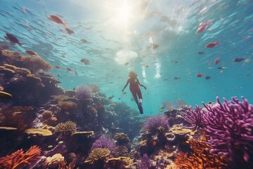 Photograph of people snorkeling in colorful coral reefs, Generative AI