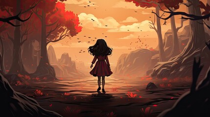 Little girl in the dreamlike autumn park. Generative AI