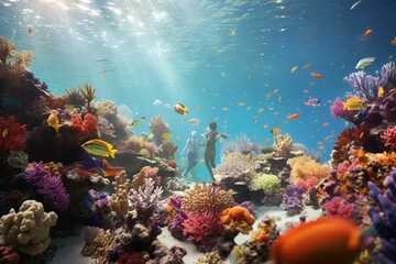 Fototapeta na wymiar Photograph of people snorkeling in colorful coral reefs, Generative AI