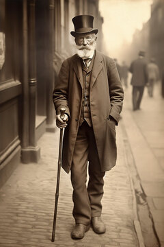 English man pousing on city street, 1890 vintage photo, Generative AI