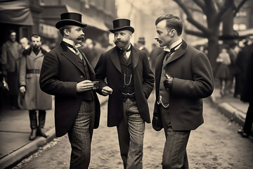 Rich English men walking on street, 1890th, vintage photo Generative AI - obrazy, fototapety, plakaty